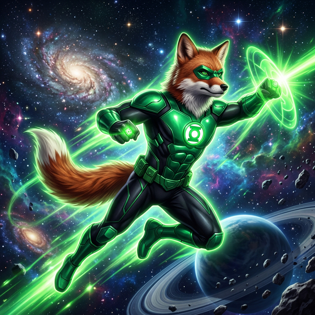 Fox superhero wearing a glowing Green Lantern suit flying in outer space with galaxies and planets in the background