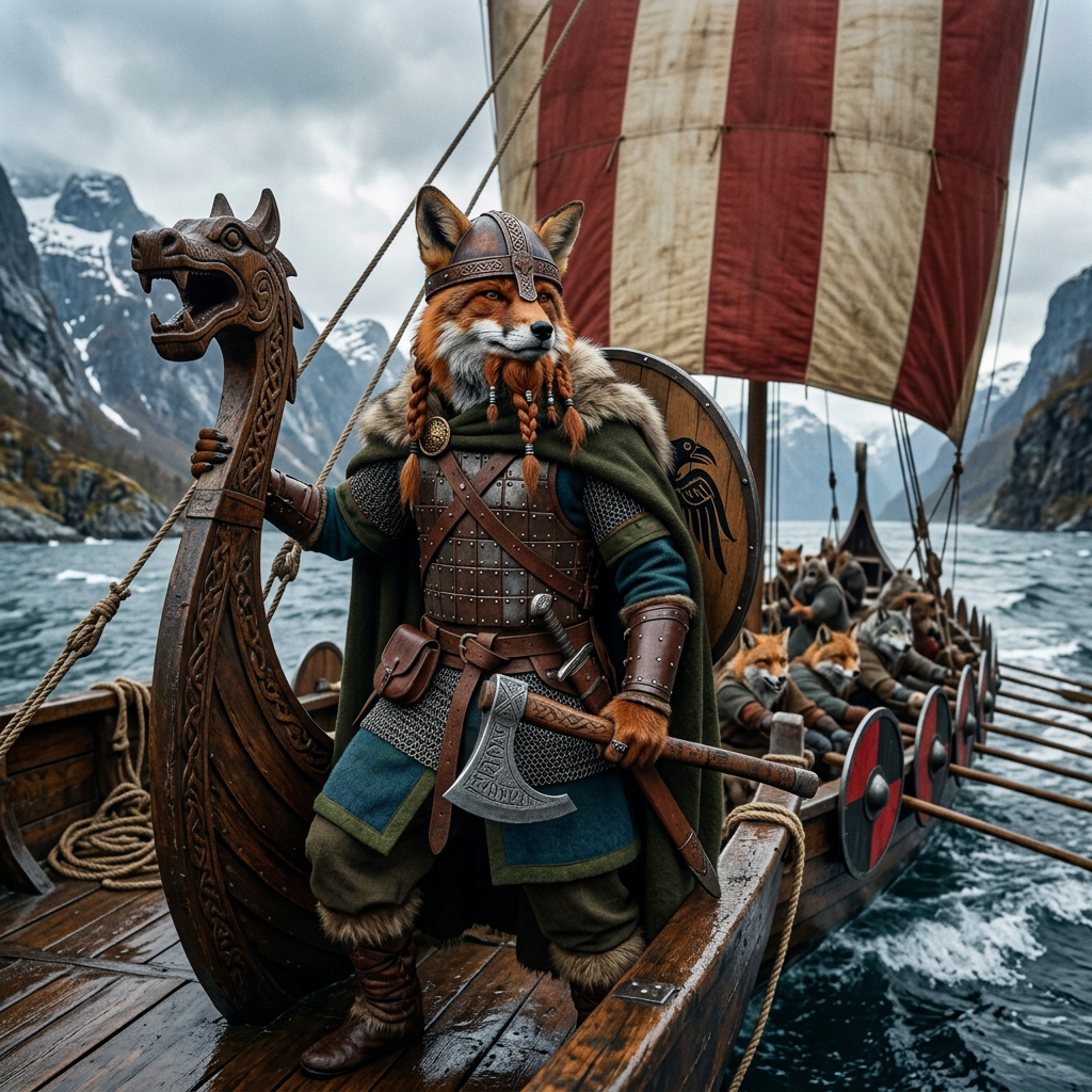 Fox Viking warrior in armor holding battle axe on front of a Viking longship with oars and red sail