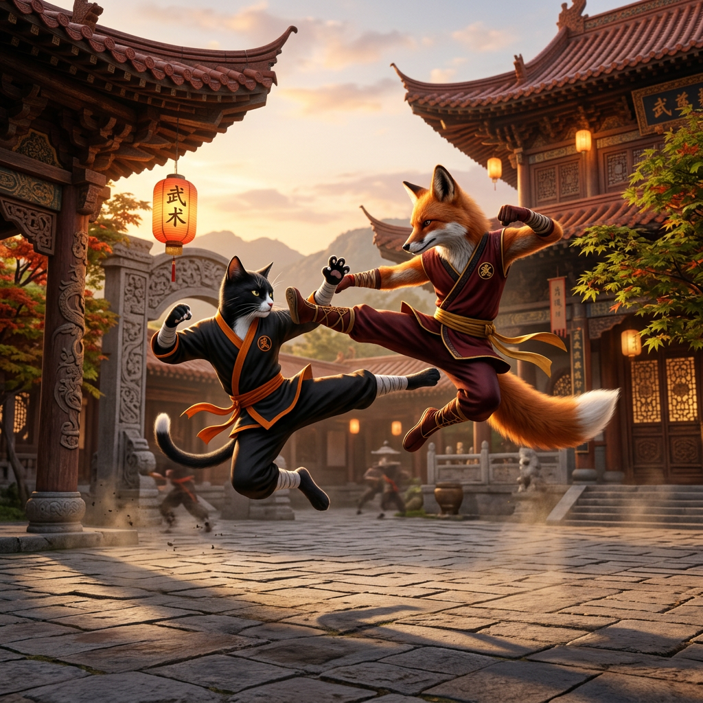 Fox and cat in martial arts clothing kicking each other in an ancient Asian temple courtyard