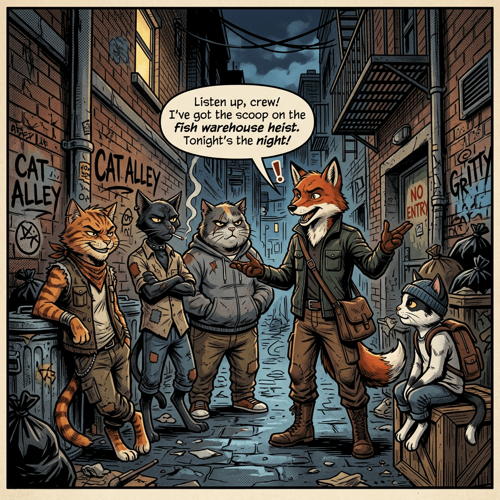 Anthropomorphic red fox with alley cats in alley