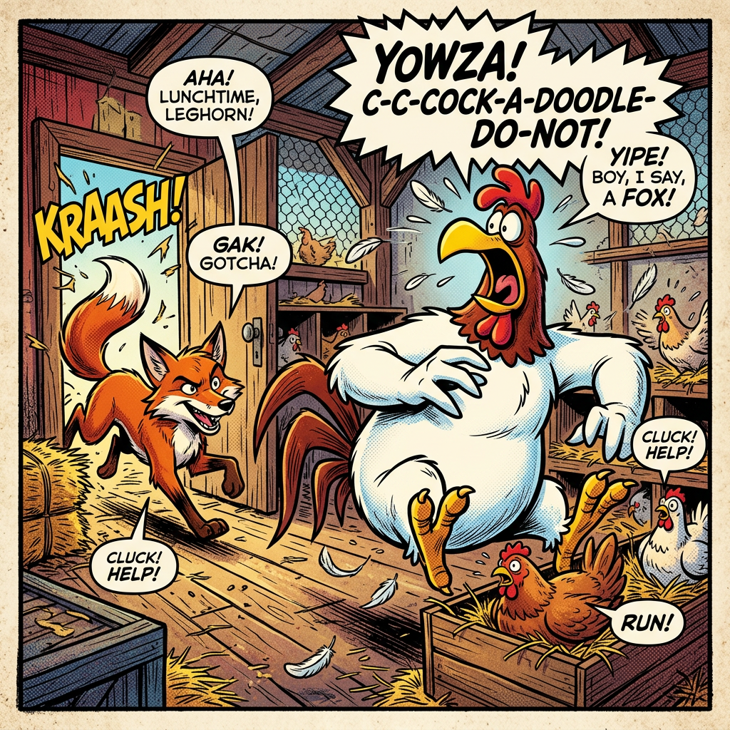 Comic panel showing a fox chasing startled chickens inside a barn