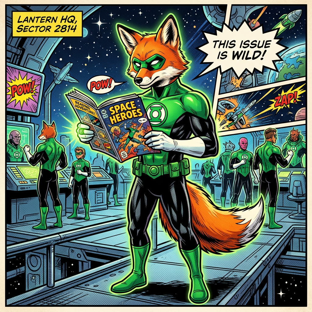 Fox superhero reading Space Heroes at Lantern HQ, Sector 2814; text: Pow!, Zap!, This issue is wild!