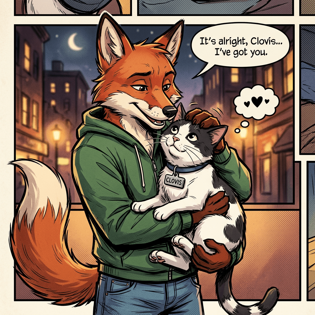 Fox in green hoodie cuddling a cat named Clovis at night