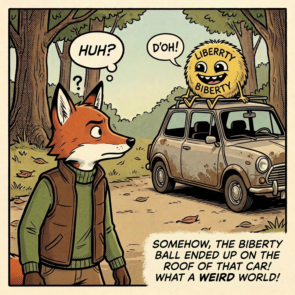 Comic panel with fox and character labeled LIBERRY BIBERTY; text reads HUH?, D'OH!, WHAT IN THE WORLD...?