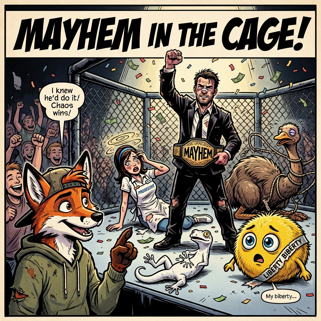 Comic panel reading “MAYHEM IN THE CAGE!” with chaotic political characters