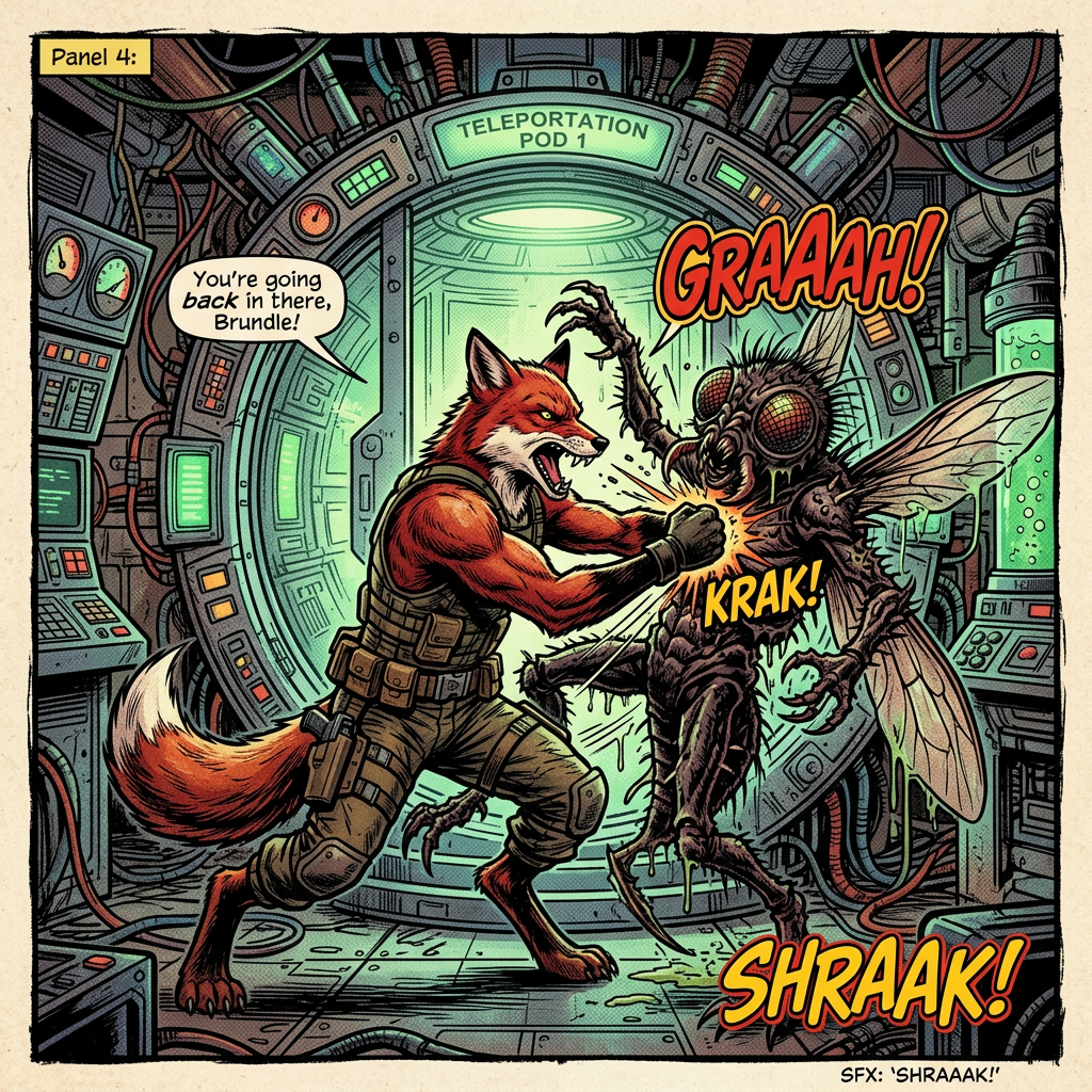 Panel 4: Teleportation Pod 1; fox warrior fights insect creature; “You’re going back in there, Brundle!” “GRAAAH!” “KRAK!” “SHRAAAK!” SFX: “SHRAAAK!”